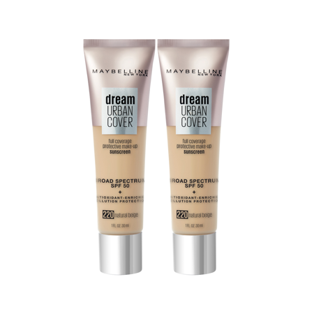 (2 Pack) Maybelline Dream Urban Cover Flawless Coverage Foundation Makeup, SPF 50, Natural Beige, 1 fl. oz.